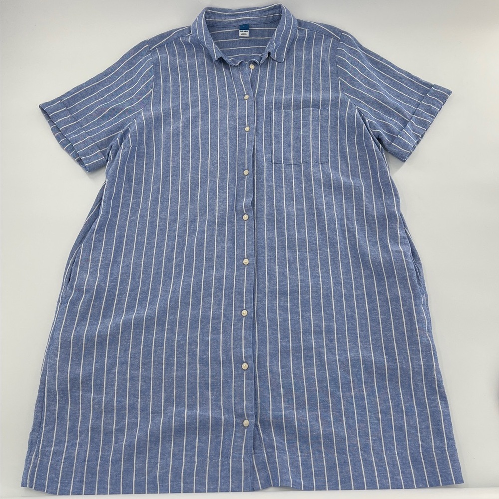 Old Navy Blue Striped linen blend dress clean girl nautical minimal button front - Picture 3 of 9